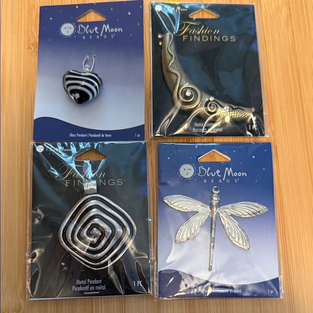 NWT Blue Moon 3 Metal and 1 Glass Jewelry Making Pendants
